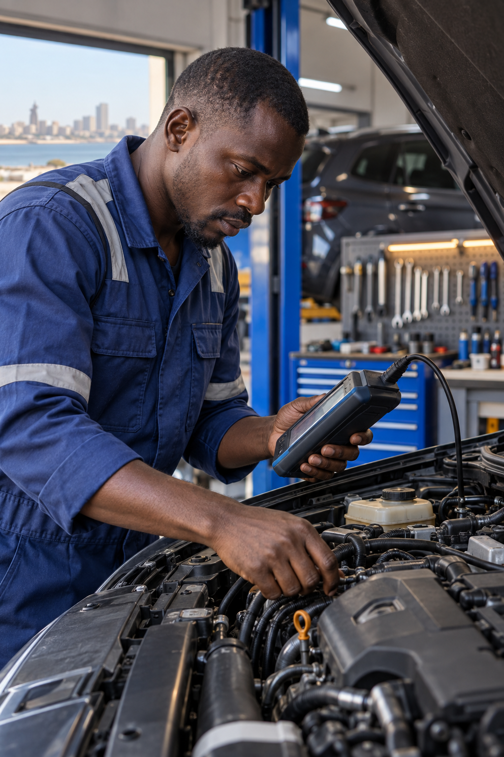 Mécanicien réalisant un diagnostic moteur dans un garage à Dakar